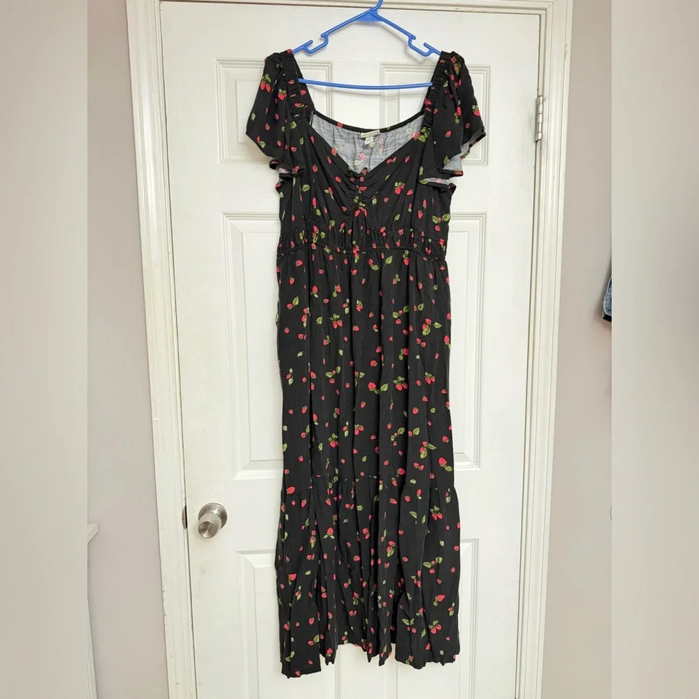 Black Floral Midi Dress with Red Strawberry Print - Picture 1 of 4